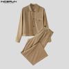 INCERUN 2PCS Autumn Men Lapel Neck Corduroy Long Sleeve Shirt Long Straight Pants Sets Outfits