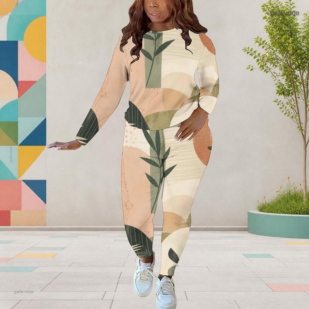 Women Plus Size White Blue Printed Round Neck Long Sleeve Top Fitted Pants Two Piece Set