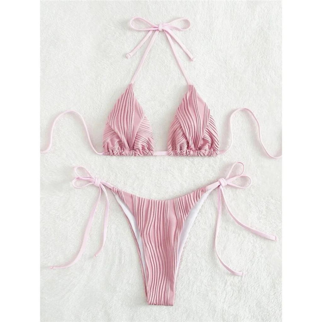 Seksowne pomarszczone brazylijskie bikini wiązane na szyi damski strój kąpielowy damskie stroje kąpielowe dwuczęściowy zestaw bikini kąpiący strój kąpielowy Swim Lady