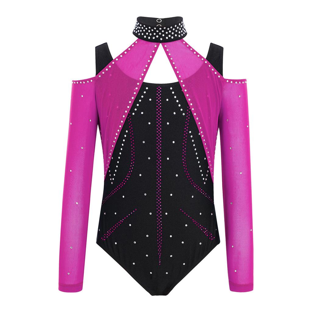 Kombinezon Gimnastyczny dla Dziewcząt Wycięcia Siateczkowe Patchwork Błyszczące Cyrkonie Color Block Body Baletowe