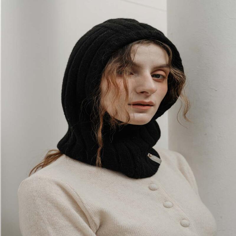 Wool Blend Wide Stripe Balaclava in Black black