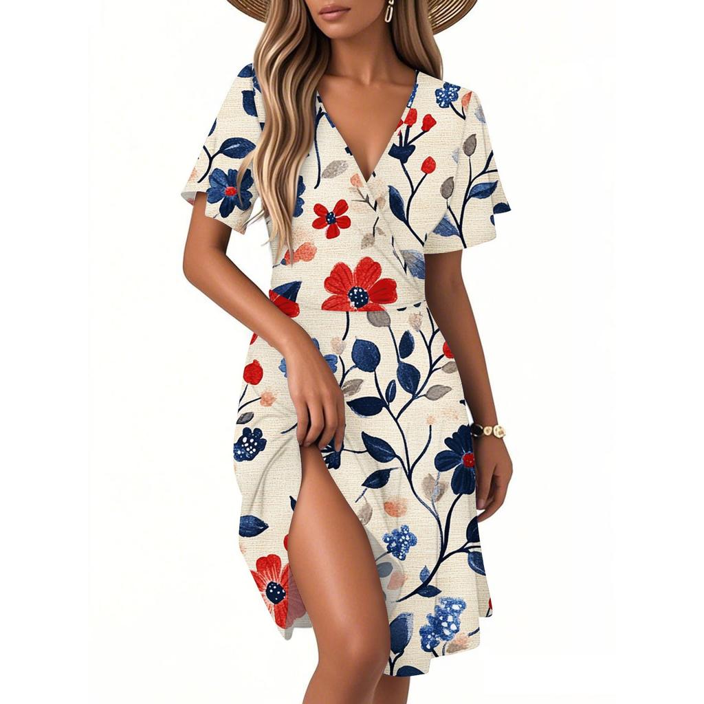 Women's Casual Fashion Dress Vintage Floral Floral Short Sleeve V-neck Dress
