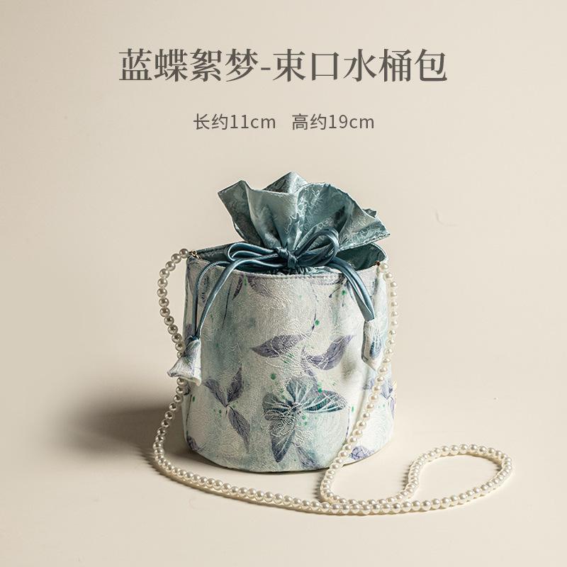 Blue Butterfly Drawstring Bucket Bag Fabric Tea Cozies Elegant Tea Cozy For Teapot Hand Bag Travel Tea Set Bag Chinese Tea Set