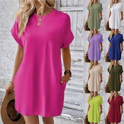 Nuovo abito estivo elegante e casual da donna, tinta unita, ampio, con maniche a pipistrello e tasche, ideale per le vacanze. Abito da donna alla moda, taglie forti, modello 26358.
