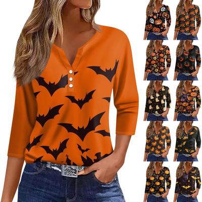 3/4 Length Sleeve Womens Tops Floral Halloween Print Vintage Fashion Casual Loose With V Neck Plus Size Shirts