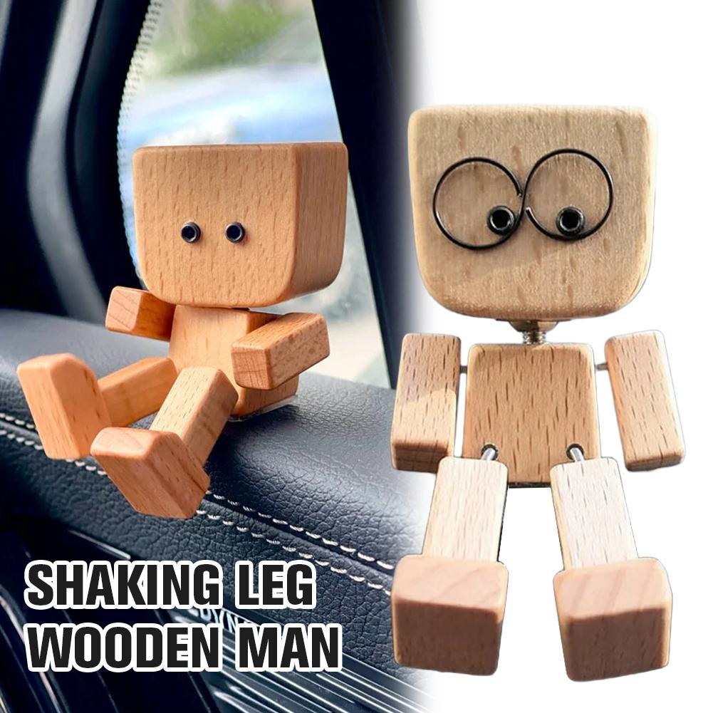Cute Shaking Wooden Man Figurine Wooden Figure Desktop Decor Ornaments Cute Car Dashboard Decor 12 Interchangeable Magnetic Face