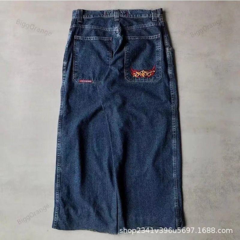 Mens Y2K Hip Hop Wide Leg Straight Fit Denim Jeans - Washed Cotton Loose Streetwear Style