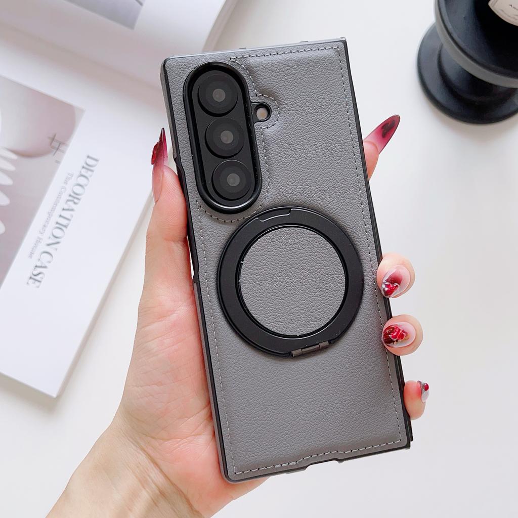 360 Rotating Aluminum Folding Kickstand PU Leather Phone Case for Samsung Galaxy Z Fold 7 6 5 4 Wireless Charging Magnetic Cover