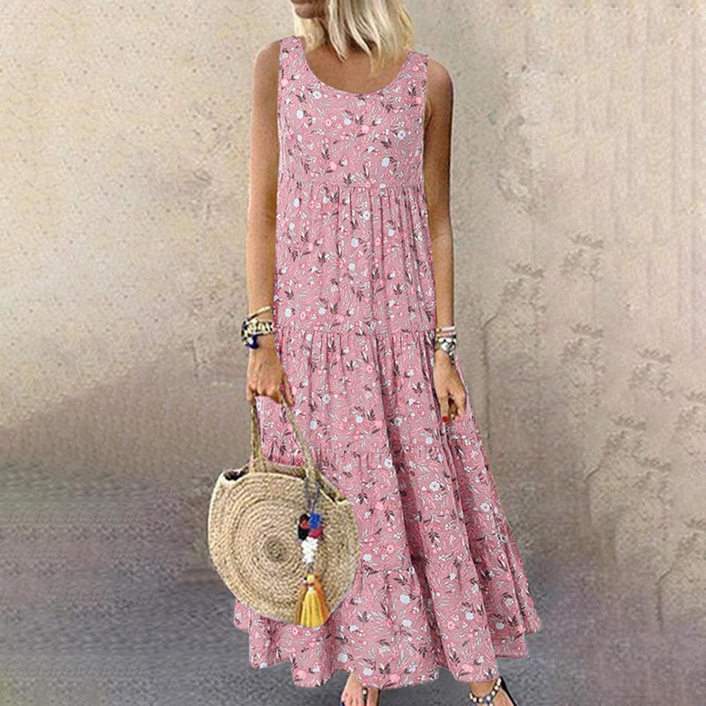 Women's Vest Dresses Summer Spring Pleated Bohemian Dresses Cute Sleeveless Flowing Beach Straight T-Shirt Tank Dresses Round Neck Dresses