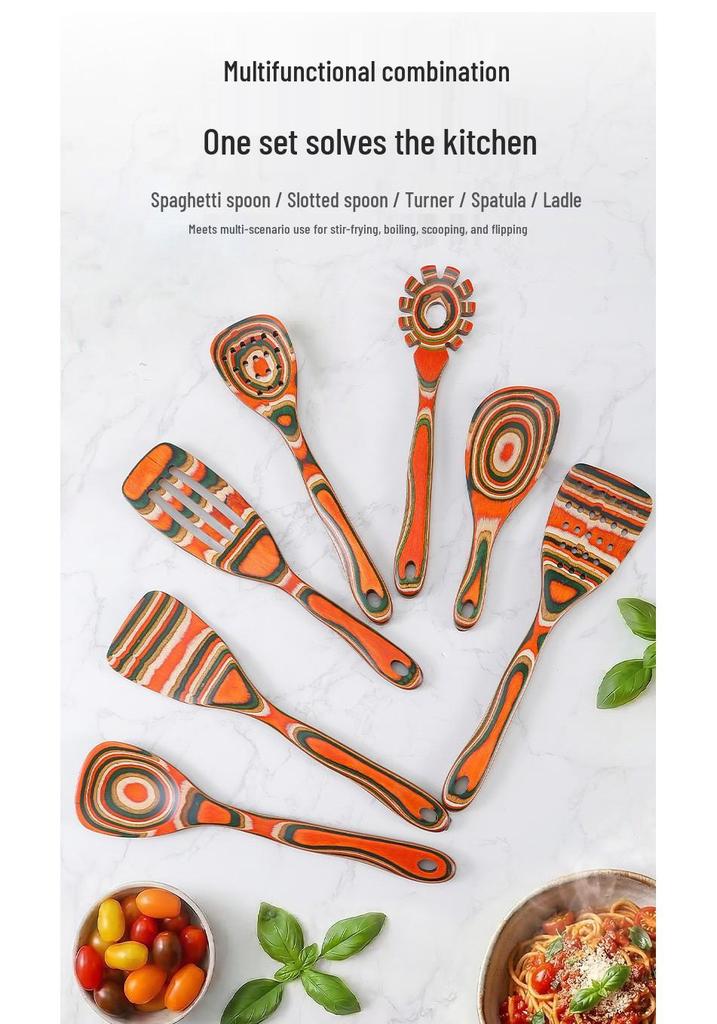 Colored Wooden Kitchen Set: Non-stick Ladle, Strainer, and Spatula.