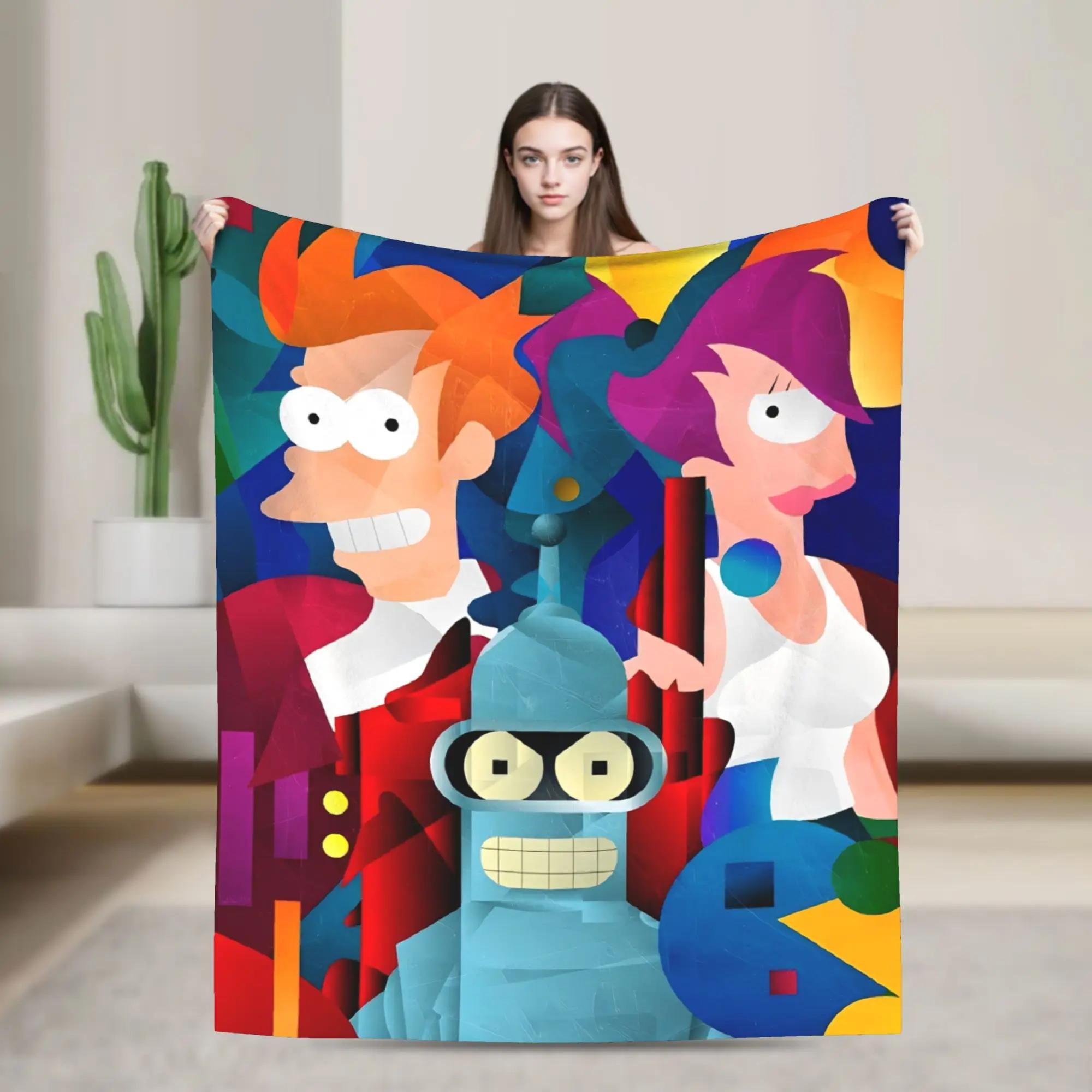 Bender Robot Fry Leela Cartoon Knitted Blanket Planet Express Flannel Throw for Bed Soft Warm Bedspread Portable 100x150cm