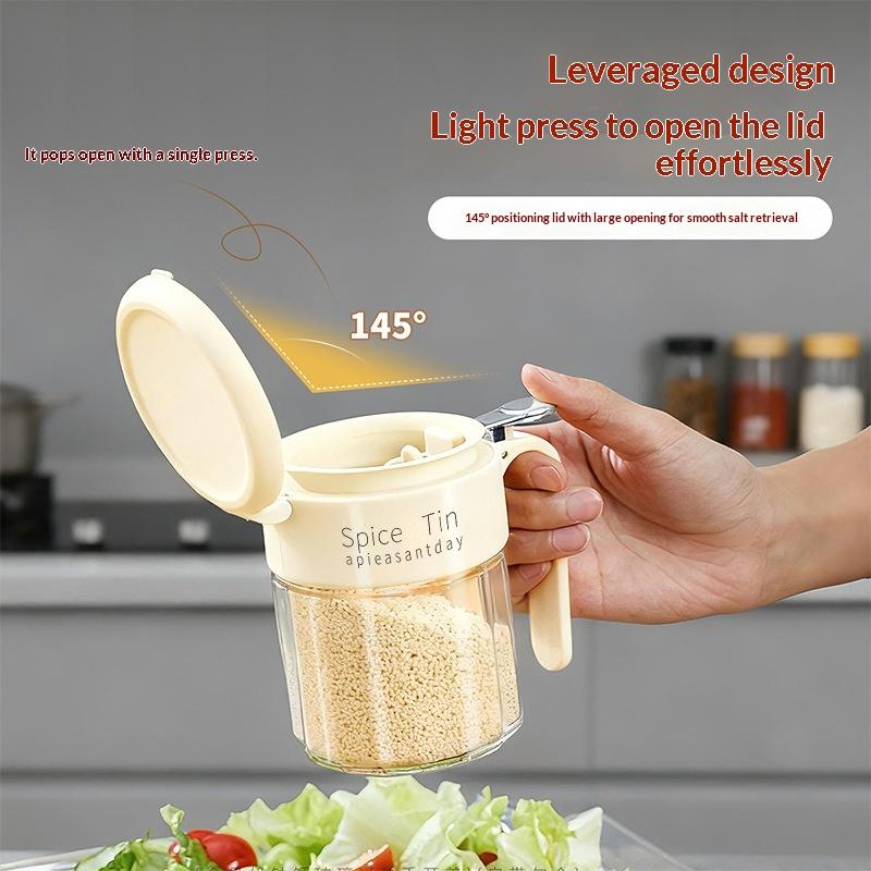 Glass Spice Jar With Built-In Spoon & Handle, Airtight Seasoning Container, Food-Grade Salt Sugar Storage Canister For Kitchen