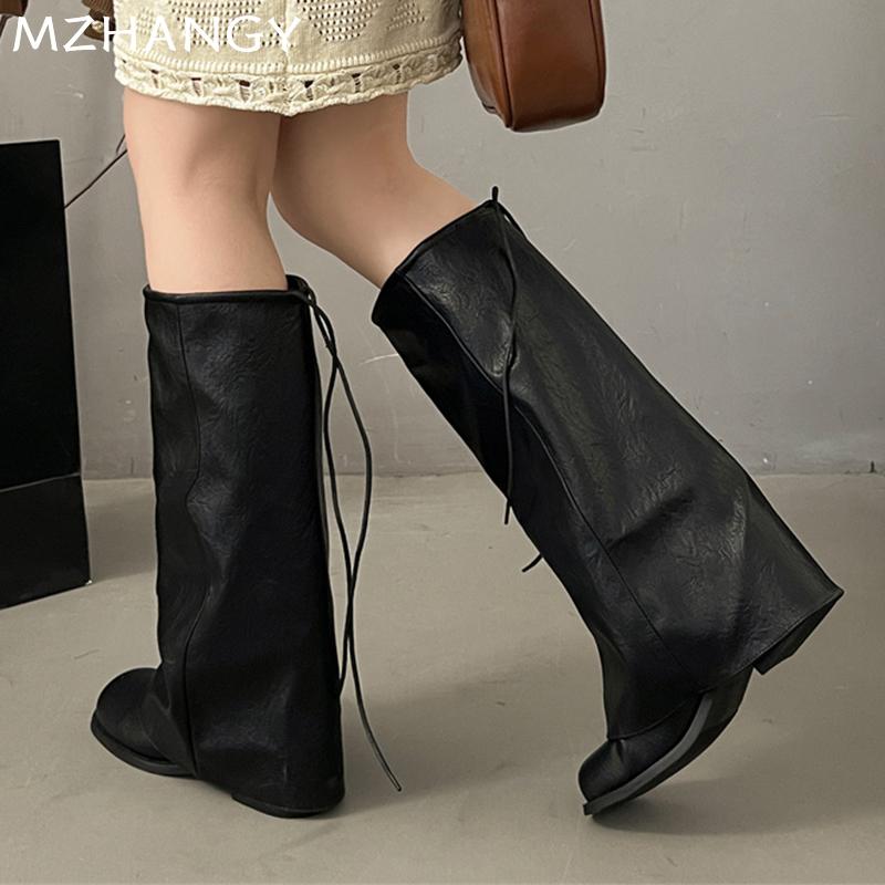 High Boots Women's Mid Heels Chunky Designer Shoes  Fashion Chelsea Boots Pumps Lace Up Leather Shoes New Autumn Mujer Boots