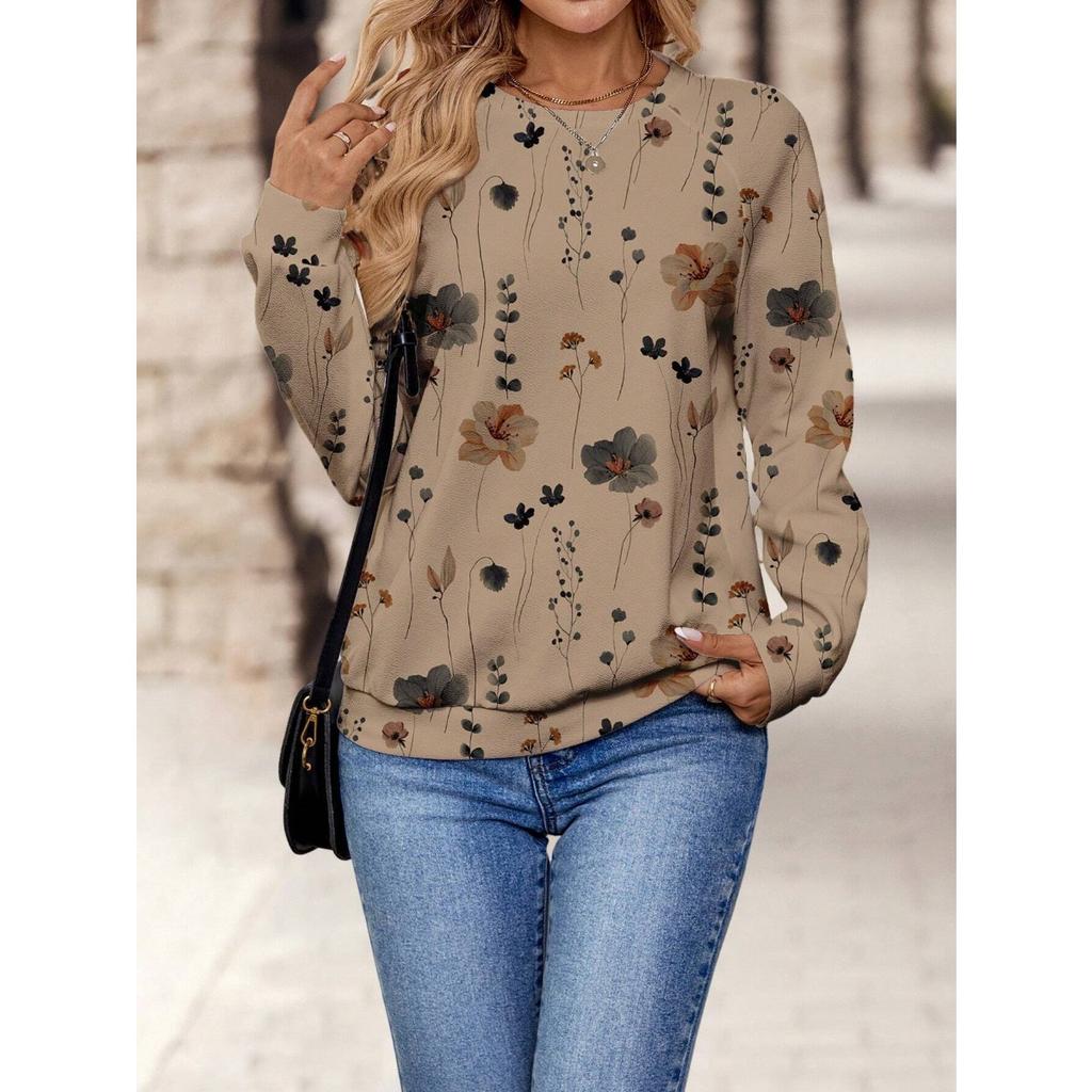 Round Neck 3D Printed Plant Flower Pattern Top Fashionable Casual Long Sleeved Women's Sweatshirts