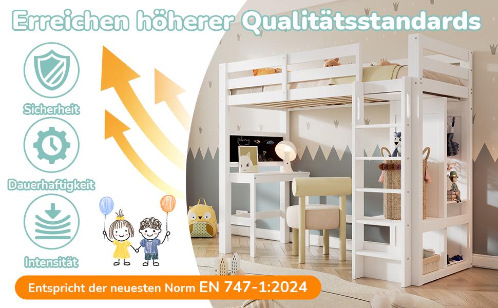 (=AB30624901W)Letto a soppalco per bambini, Scrivania, Armadio aperto e Scaffali, Struttura a doghe e Protezione anticaduta, Superficie di riposo 90x200cm, Bianco (senza materasso)