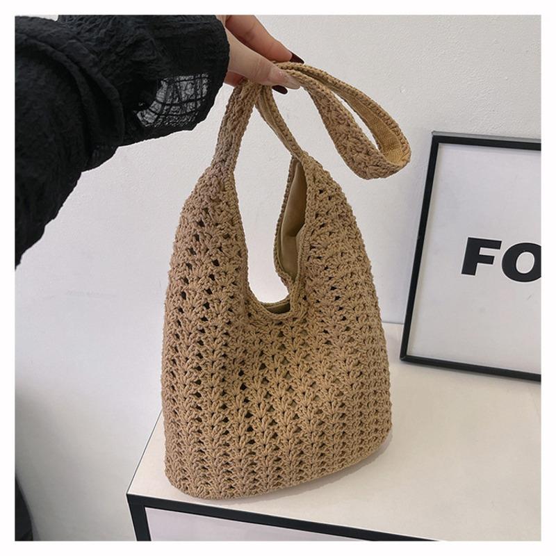 Spring Hollow Woven Bag Women's New Vacation Beach Bag Commuter Shoulder Tote Bag Knitted Bag