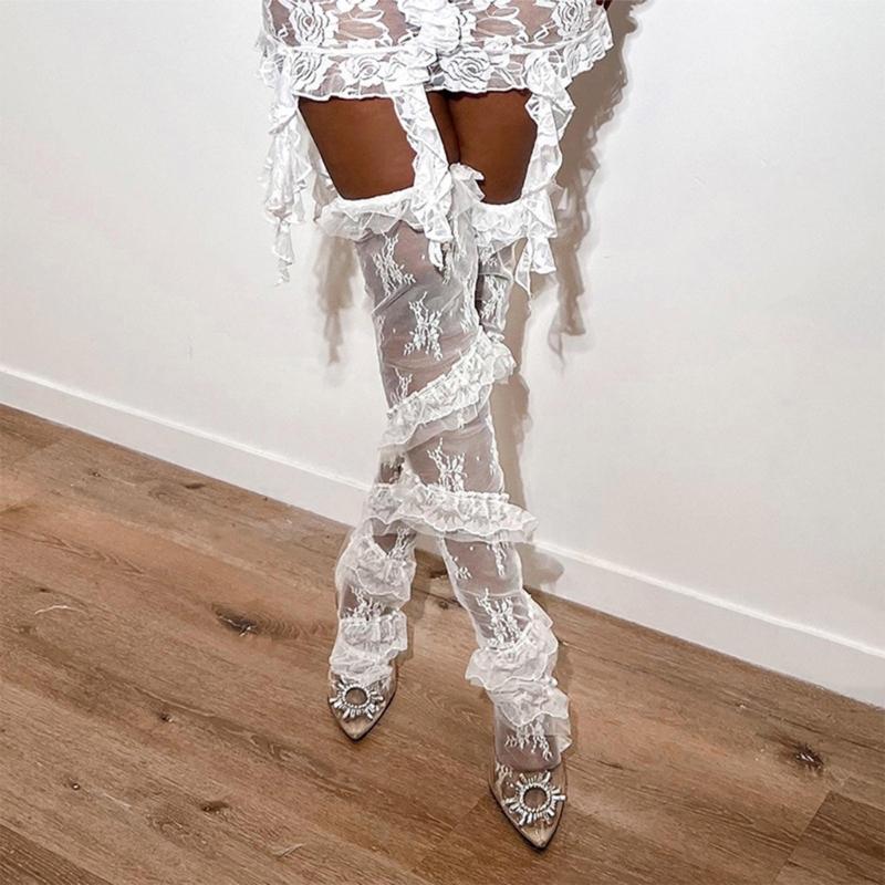 Women Aesthetic Sheer Loose Thigh High Stockings Flower Lace Twill Ruffle Trim Patchwork Over Knee Long Socks Streetwear