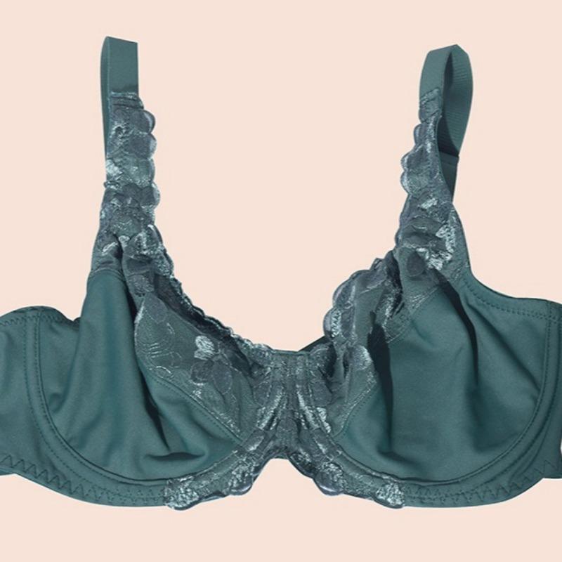 European and American Fresh Dark Green Exquisite Embroidery Underwear Ultra-thin Large Size Full Cup Bra