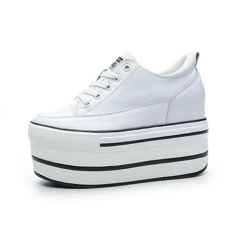 Fashion Fashion 10.5cm High Thick Heel Platform Flats Women Casual Shoes Genuine Leather Soft Quality Casual Shoe Sneakers White Black