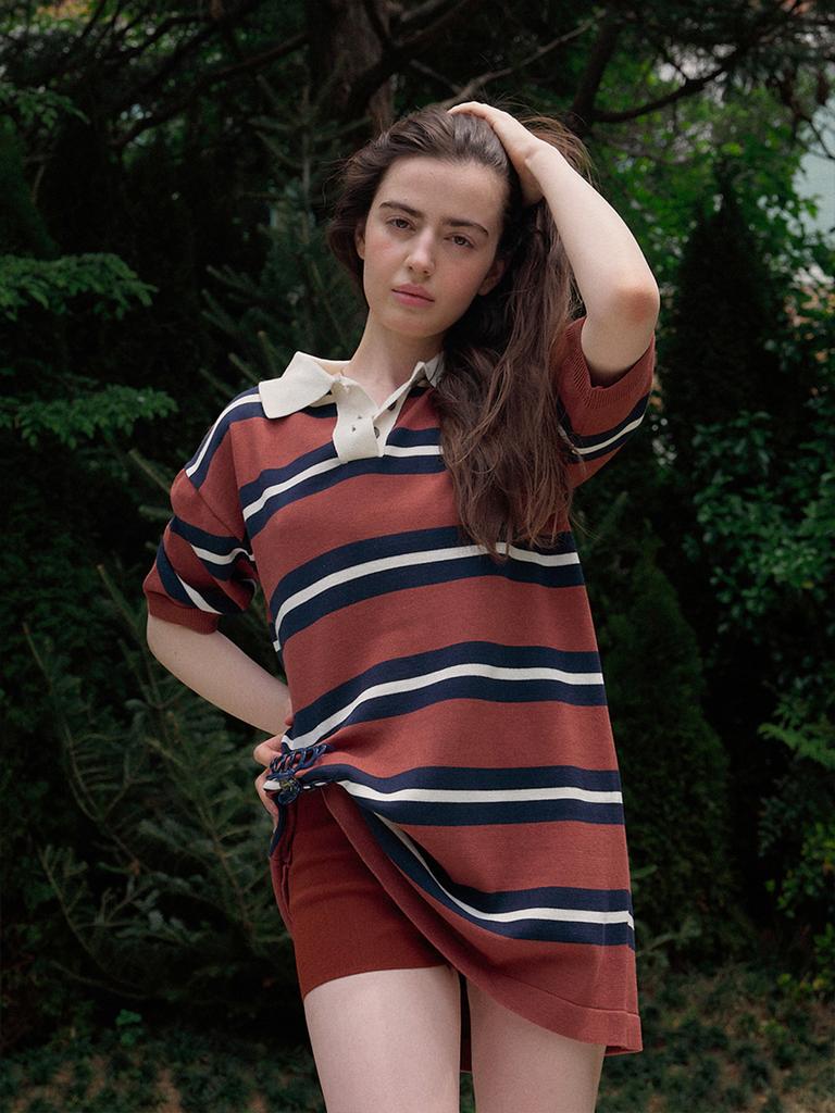 TINKNIT Striped Polo Dress_Brown