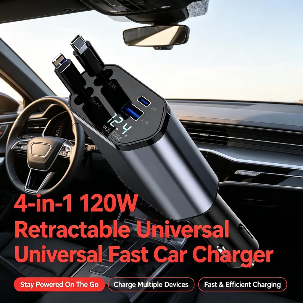 Cargador de coche 120W retráctil 4 en 1 adaptador de carga rápida universal para dispositivos móviles
