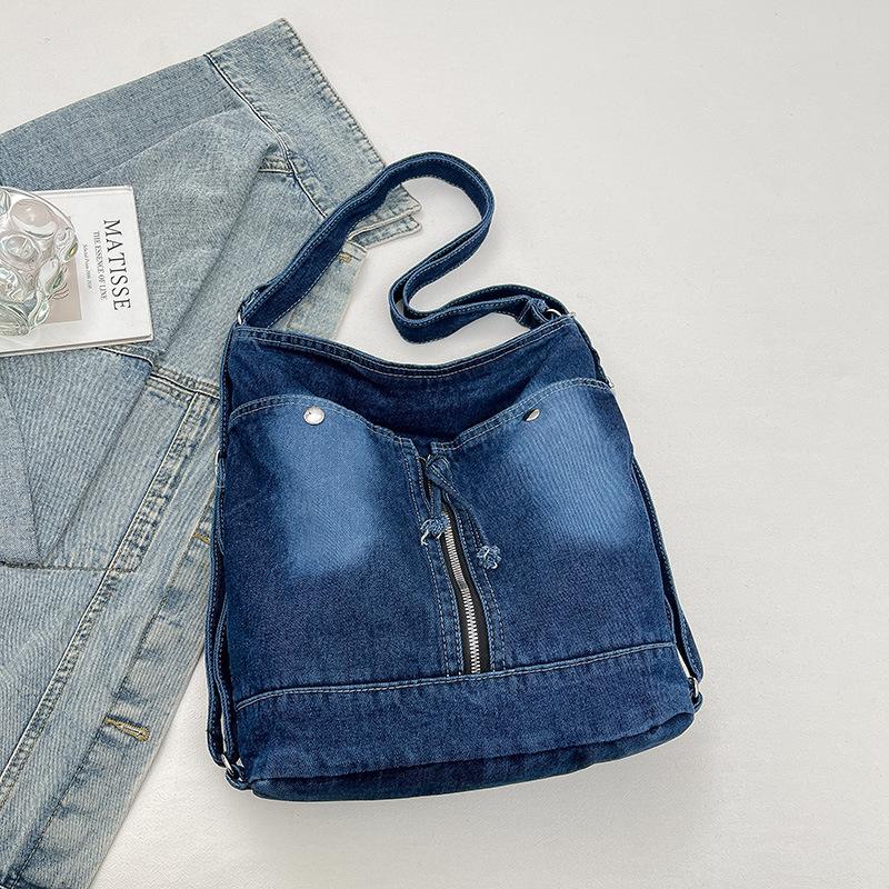 

Fashiable Denim Backpack Women Multifunctial Large Capacity Casual Crossbody Bag Comfortable and Versatile Bucket Bag Spring темно-синий