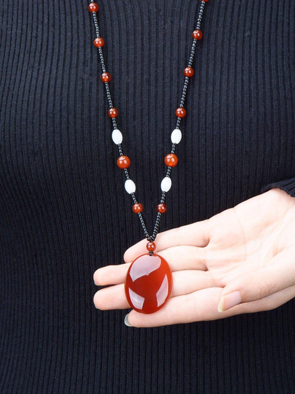 GEMCHIC Women s Vintage Ethnic Red Carnelian Long Sweater Necklace with Guanyin Pendant Beaded Chain