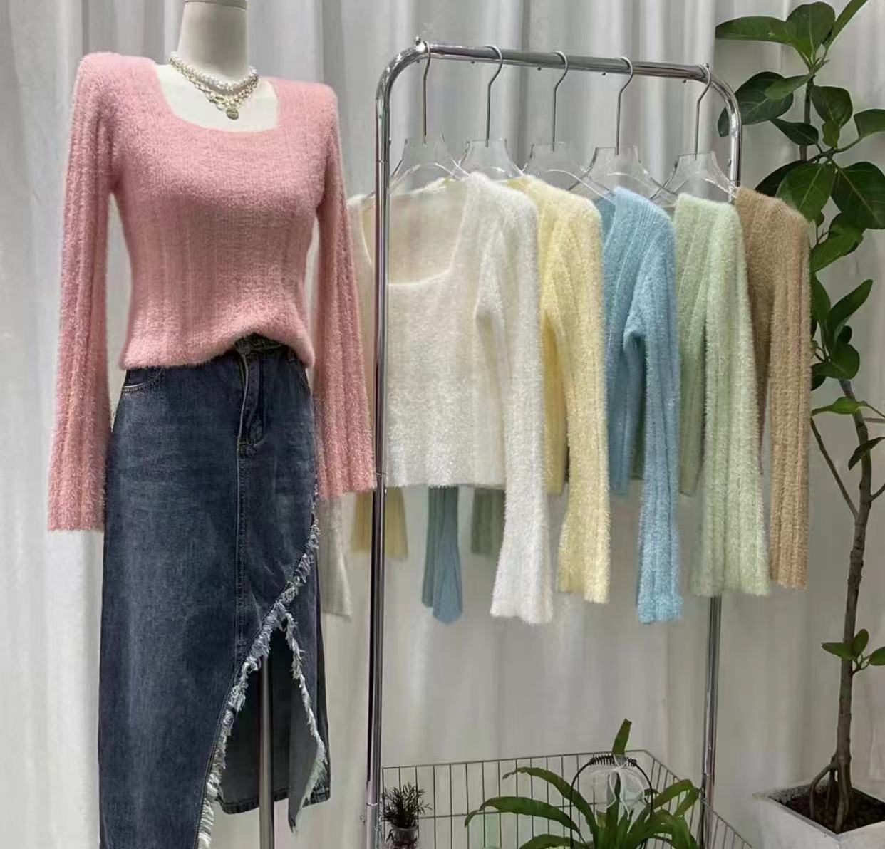 

Женский трикотажный пуловер с квадратным вырезом и рубчиком, имитация норки, бархат, новый универсальный трикотажный базовый свитер с длинным рукавом для осени и зимы One size