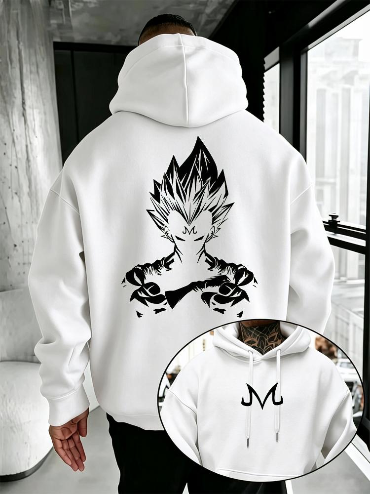 Anime‑fierce Men Hoodie Front Compact Curved‑symbol Print, Back Powerful Spiky‑hair Warrior Silhouette Pullover For Cozy Weekend Activities