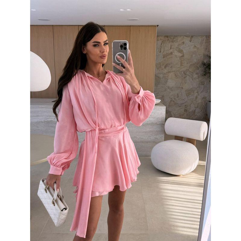 

2025 European and American Simple Style Autumn Solid Long sleeve V-neck Lace-up Casual Dress Women Pink M