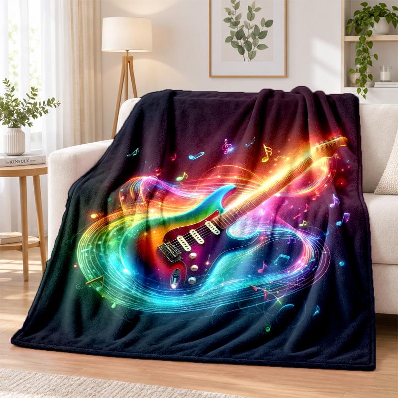 Music Guitar Flannel Throw Blanket Soft Warm Cozy For Sofa Bed Indoor Home Bedroom Use