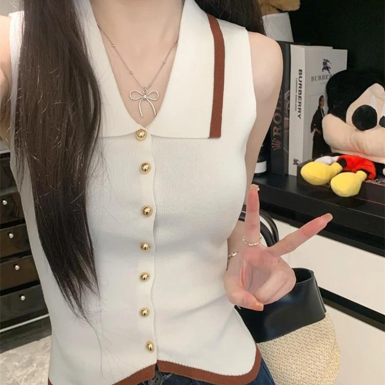 Polo Collar Knit Vest with Gold Button Contrast-Trim Sleeveless Button-Front Cardigan Vest Women Spring Summer Trendy