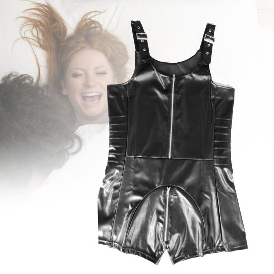 Sexy Men Sleeveless Open Crotch Faux Leather Zipper Bodysuit Shorts Jumpsuit