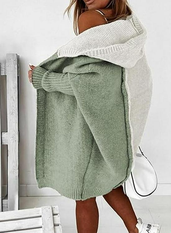 Color Block Hooded Knit Cardigan - Women's Mid-Length Outerwear for Autumn/Winter 2025