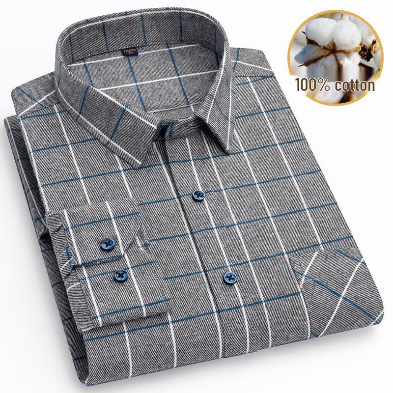 Herren Karo-Hemdjacke aus reiner Baumwolle mit langen Ärmeln - Lässiger Frühjahrs-/Herbst-Papa-Stil