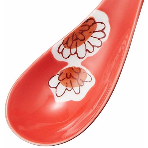 Arita Ware "Ultimate Renge" Ramen Spoon, Red Glazed Chrysanthemum Design, Approx. 16cm Diameter, Ceramic, Dishwasher Safe, Made in Japan, R2001