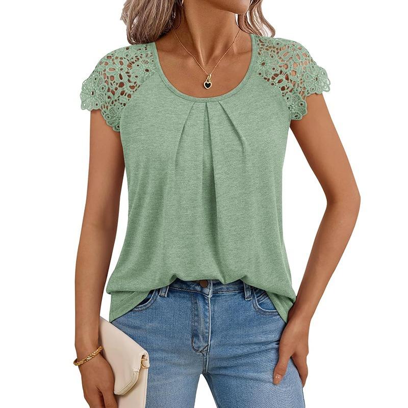 JKASHDK Women's Fashion Casual Summer Spring Solid Color Print Short Sleeve U-Neck Blouses & Shirts