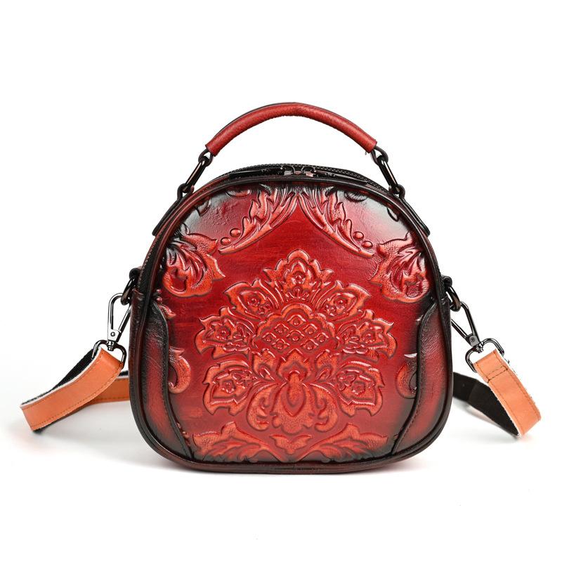 Women's Bag, Genuine Leather Retro Small Round Bag, Casual Single Shoulder Diagonal Cross Handbag, Mom Bag, Middle-aged Women's Bag