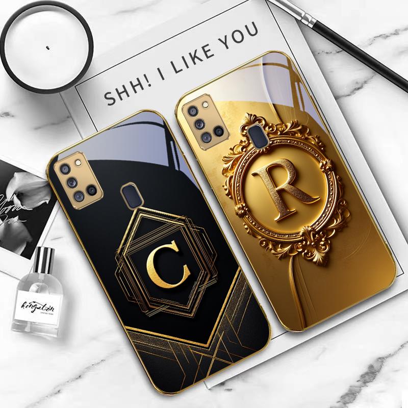 Gorgeous letter gold "R" For Samsung A 31 32 A33 A34 35 14 A15 13 16 25 26 50 52 53 54 55 56 70 71 72 73 Golden glass phone case