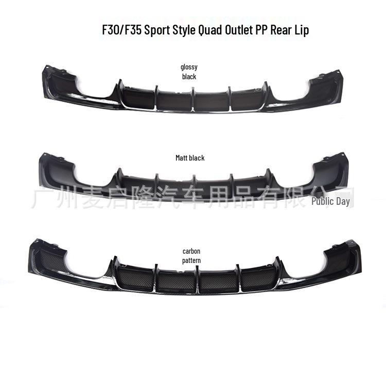 3 Series F30/F35 Sport Dual Exhaust Modification: Matte Black, Gloss Black, Carbon Fiber Rear & Front Lip.