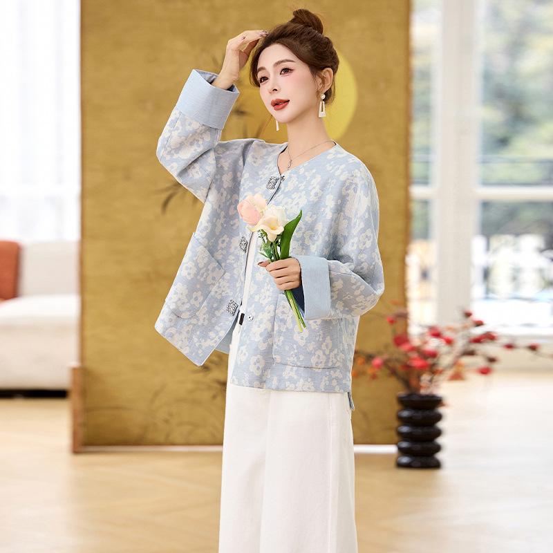 2022 Spring Women's Jacquard Round Neck Top - Chinese National Style HE5005