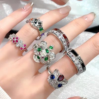 Lion Dance Four-Leaf Clover Full Of Diamonds Zir*****Pen Ring Personality Niche Design Sense Light Luxury High Sense Ring Woman