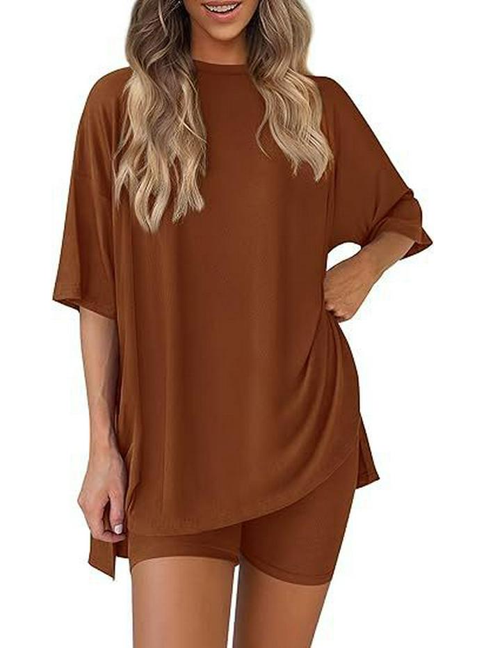 2026 Women's Casual Round Neck Slit Loose Short Sleeve Home Wear Set