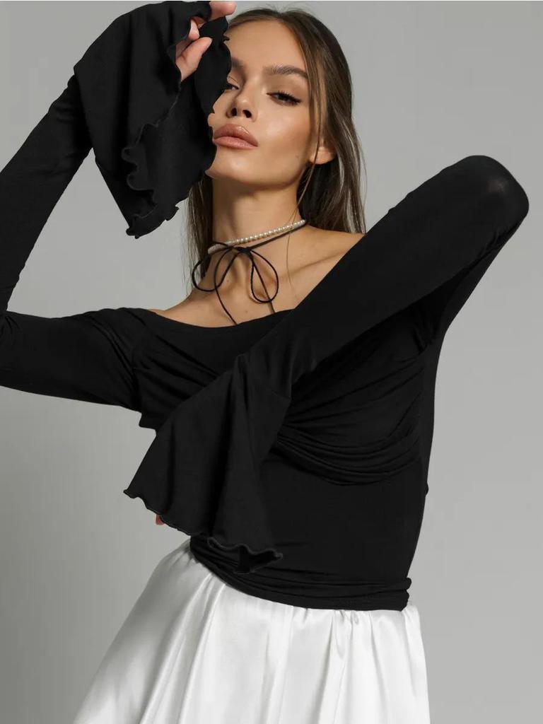 Wiosenno-letni damski top wyszczuplający z odkrytymi ramionami i falbanką – styl influencerki