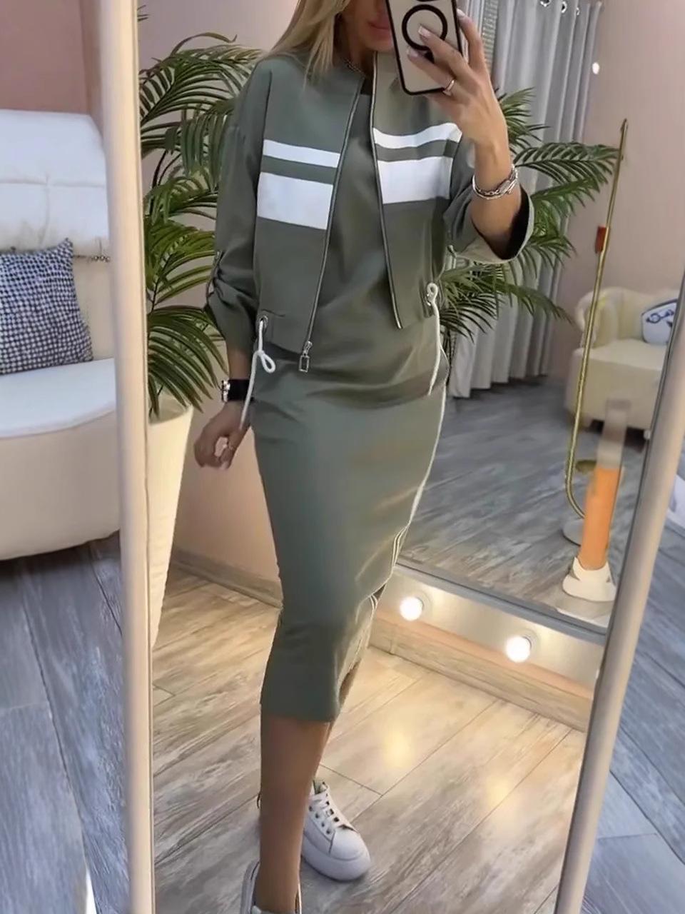 

2025 Autumn Women s Casual Zipper White Stripe Edge Jacket and Dress Set: European and American Style XL зелений