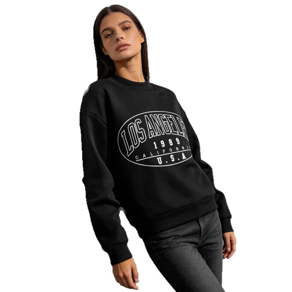 Cross-border Special Black Letter Print Sweater Women's LOS ANGELES Crew Neck Loose Casual Long-sleeved Top