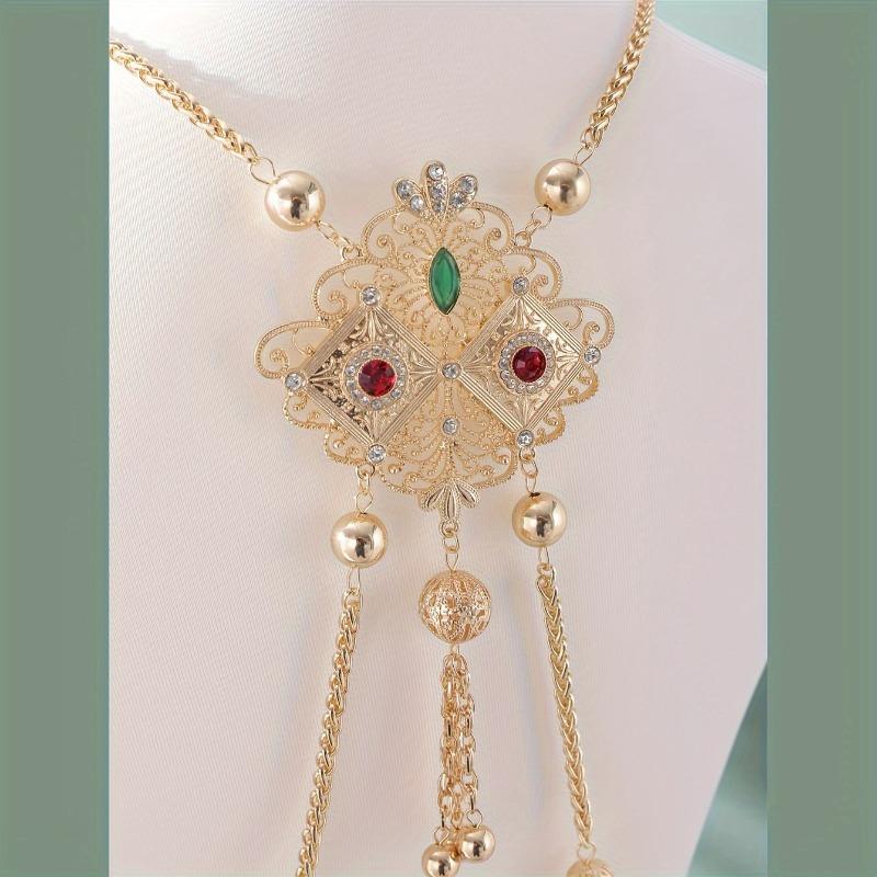 Ethnic Style Colorful Body Chain Jewelry, Rhinestone Inlaid Alloy Hollow Pattern Shoulder Chain, Women's Wedding Bridal Body Chain Jewelry Dress Up A