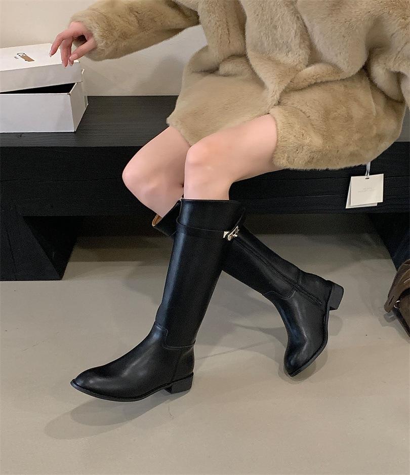 

Silver buckle knight boots women s straight boots autumn and winter new solid color round head mid-heel sleeves knee-high boots 39 чёрный