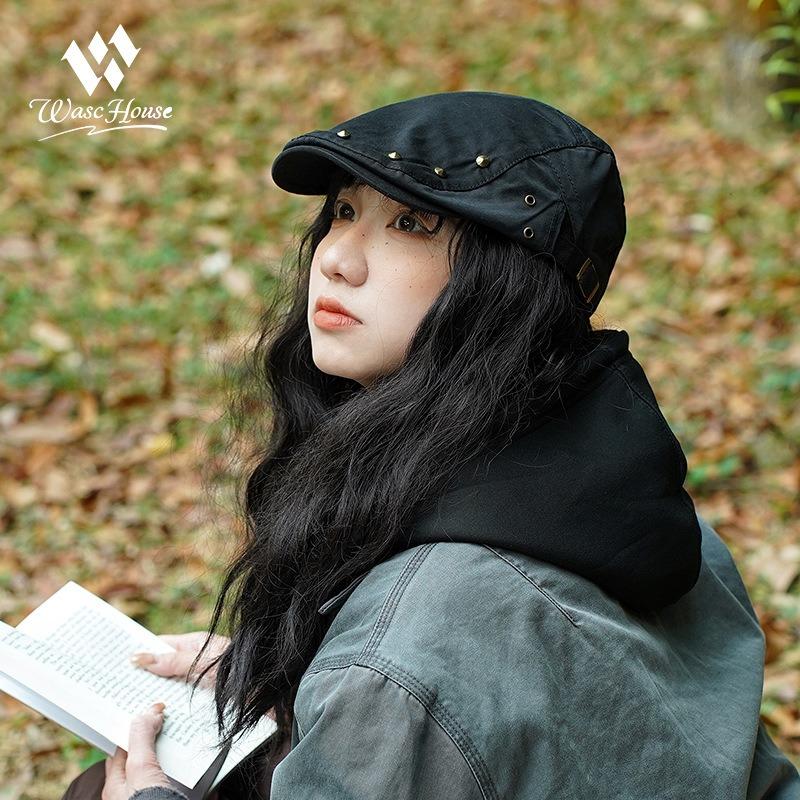Vintage Rivet Beret Women's Spring and Summer Thin Forward Hat Sunshade Newsboy Hat Peaked Cap Men and Women