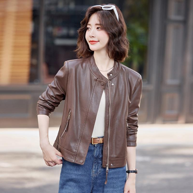 Leather Jacket Women's Spring and Autumn Small Fashion Casual Stand-up Collar Locomotive Style Short Leather Jacket